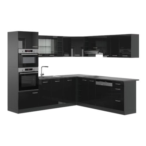 Vicco Eckküche R-Line, Schwarz Hochglanz/Anthrazit, 237 x 247 cm ohne Arbeitsplatte