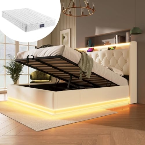 OKYION Boxspringbett Hydraulisches 160 x 200 cm mit LED-Beleuchtung(Drucktaste/App/Fernbedienung.), Polsterbett Funktionelles mit USB&Typ-C-Ladeanschluss, PU weiß(Mit Matratze)