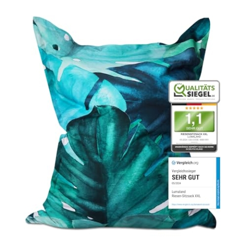 Lumaland Riesen-Sitzsack XXL 140x180 cm | Wasserfestes Indoor & Outdoor Liegekissen mit über 3 Mio. anpassungsfähigen EPS-Perlen | Bean Bag mit waschbarem Bezug [Botanical]