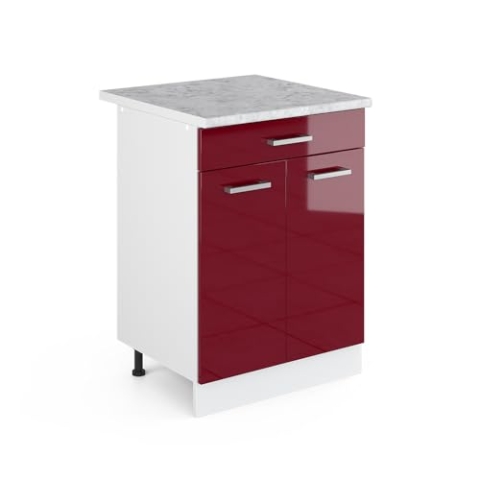 Vicco Küchenunterschrank R-Line, Bordeaux Hochglanz/Weiß, 60 cm mit Schublade, AP Marmor