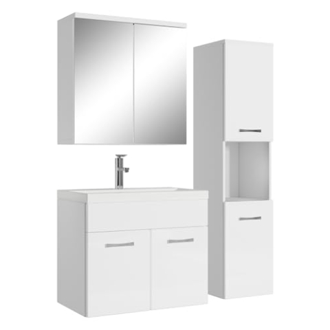 Badplaats B.V. Badezimmer Badmöbel Set Montreal mit Spiegelschrank 60cm Waschbecken Hochglanz Weiß - Unterschrank Hochschrank Waschtisch Möbel