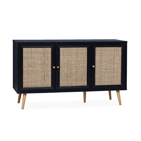 Alice's Home Sideboard aus Rohrgeflecht, schwarz 120x39x70cm - Bohème - 2 Ebenen, 3 Türen, skandinavischer Stil