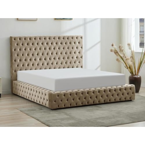 Vente-unique-Chesterfield-Bett mit Bettkasten - 180 x 200 cm - Samt - Taupe - DULENI