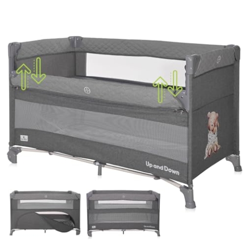 Lorelli 3 in 1 Babybett, Beistellbett und Laufstall Up and Down, Kinderbett mit 2 Ebenen, Seiteneingang und Faltbarer Seitenwand, Baby Reisebett, grau