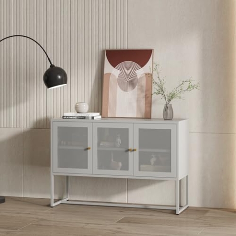 [en.casa] Kommode Sund Sideboard mit 3 Schranktüren Wohnzimmerschrank Grau Buffetschrank 120 x 40 x 80 cm Metall TV Schrank