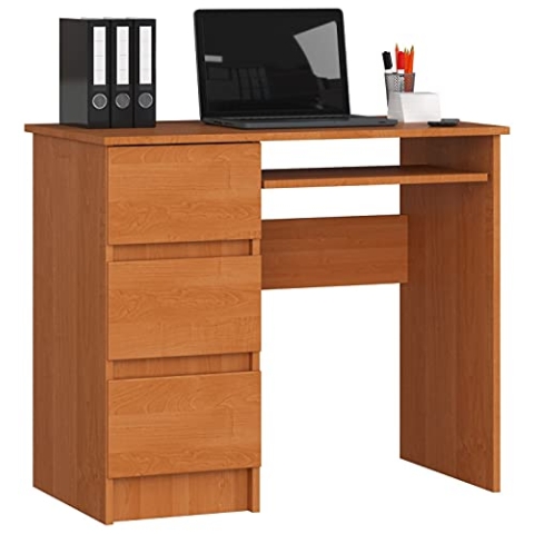 AKORD Schreibtisch A6 90 cm | 3 Schubladen Links | Schreibtisch | Bürotisch | Computertisch | Arbeitstisch | Laptoptisch | Bürmöbel | B90 x H77 x T50 cm | Gewicht 29,95 kg | Erle/Erle