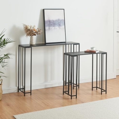[en.casa] Konsolentisch 'Ørsta' 2er Set Beistelltisch Flurtisch Eingangstisch Ausstellungstisch Ablagetisch Industriestil Wohnzimmertisch Dekotisch Metall Schwarz