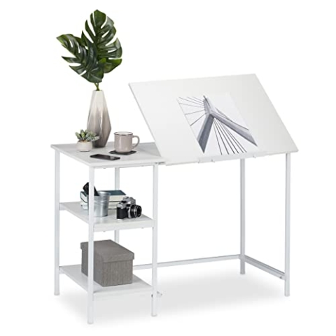 Relaxdays Schreibtisch neigbar, 3 Ablagen, mehrere Winkel, Computer- & Arbeitstisch, HxBxT: 75 x 110 x 55 cm, Weiß