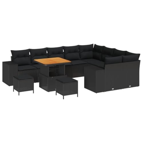 vidaXL 12-teiliges Garten Sofa Set mit Kissen, schwarzes Poly-Rattan Akazie, 3-teiliges Gartenset mit Kissen, schwarzes Poly-Rattan Akazie