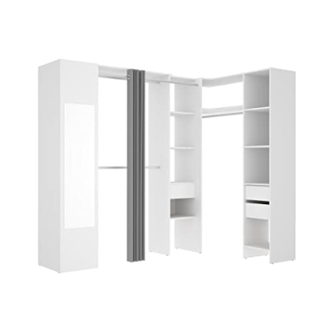 Vente-unique-Eckkleiderschrank mit Vorhang & 1 Tür - Mit Spiegel - B 231 cm - Weiß & Grau - Bertrand