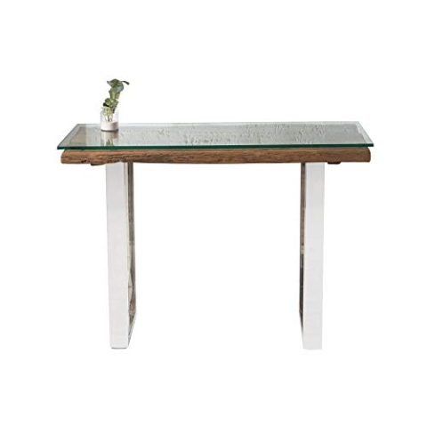 invicta INTERIOR Massive Konsole Barracuda Teak mit Stahl Kufenfüßen 120 cm mit Glasplatte Glas Massivholz Konsolentisch