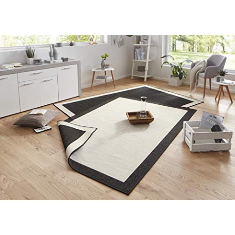 NORTHRUGS In- und Outdoor Teppich Panama 120x170cm - Wendeteppich Wetterfest Modernes Uni Design mit Bordüre Läufer für Balkon Terrasse Garten Wintergarten Wohnzimmerteppich Wasserfest, Schwarz Creme