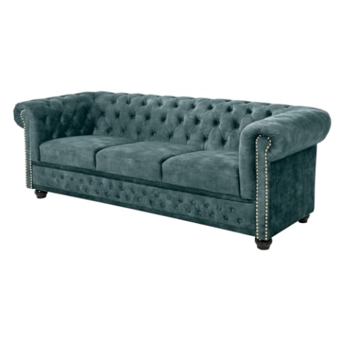 Riess Ambiente Chesterfield 3er Sofa 205cm Petrol Samt Goldnieten Federkern Loungesofa