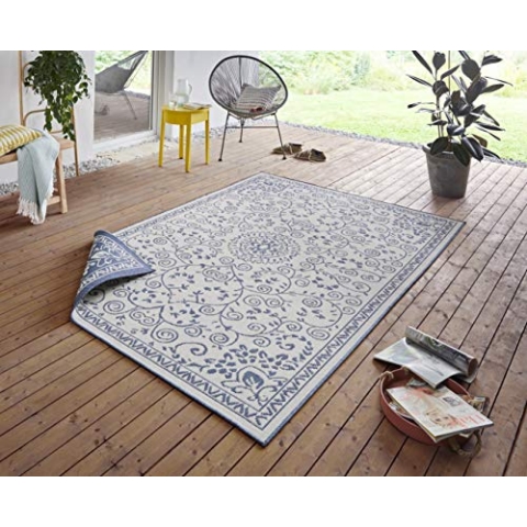NORTHRUGS In- und Outdoor Teppich Leyte 160x230cm - Wendeteppich Wetterfest Orientalisches Vintage Design Läufer für Balkon Terrasse Garten Wintergarten Wohnzimmerteppich Wasserfest in Blau Creme