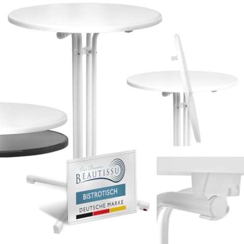 Beautissu Stehtisch klappbar 80 cm Weiß Bellini – Kratzfest Stabil Wetterbeständig – Stehtische Outdoor Bistrotisch Rund leichte Montage Halterung vormontiert – Biertisch Partytisch Klappbar Bartisch