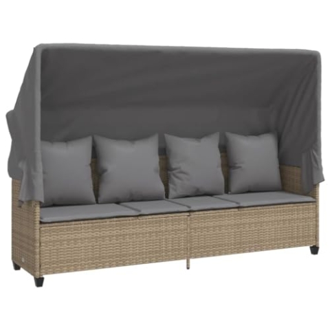 vidaXL Sonnenliege, Sonnenbett mit Sitzkissen 4 Rückenkissen, Outdoor Liege mit ausziehbarem Sonnendach, Gartenliege Tagesbett, Beige Poly Rattan