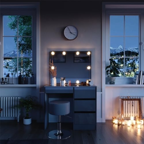 Vicco Schminktisch Sherry, Grau Hochglanz, 90 cm mit LED Beleuchtung und Hocker