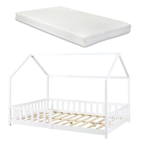 [en.casa] Kinderbett Hesel Hausbett mit Matratze 120 x 200 cm Weiß mit Rausfallschutz und Lattenrost Bodenbett Jugendbett Holzbett