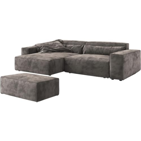 DELIFE Eckcouch Sirpio XL Mikrofaser Khakibraun 270x170 cm Recamiere variabel mit Hocker