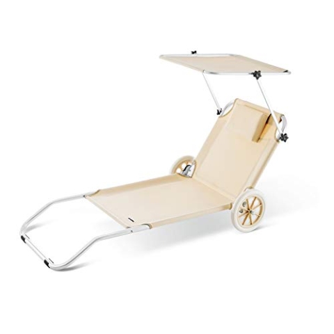 Casaria® Sonnenliege Klappbar mit Dach Strandliege mit Rollen Tasche Outdoor Klappliege Liegestuhl Abnehmbarer Sonnenschutz Liegestuhl 115kg Beige