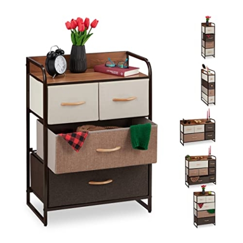 Relaxdays Schubladenschrank, 4 Stoff Fächer, Ablage, Schlafzimmer Nachtschrank, Minikommode HBT 79 x 58 x 31,5 cm, braun