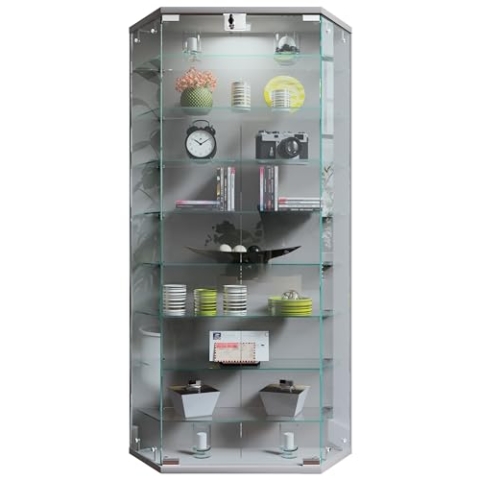 VCM Glasvitrine hängend | Vitrine Glas mit ESG-Sicherheitsglas | Maße ca. H. 114 x B. 83 x T. 17 cm | Hängevitrine Glas | Modern und platzsparend | Glas Vitrinenschrank - Benila XL Silber