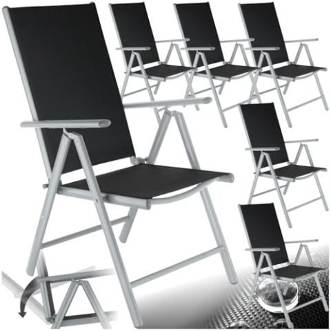 tectake® Aluminium Gartenstuhl 6er Set, Klappstuhl mit 7-facher Neigungsverstellung und hoher Rückenlehne, Gartenmöbel Set mit 6 Stühlen, klappbar, ideal für Garten, Terrasse und Balkon - Silber