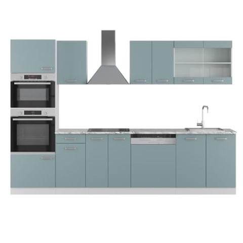 Vicco Küchenzeile R-Line, Blau-Grau/Weiß, 300 cm mit Hochschrank, ohne Arbeitsplatte