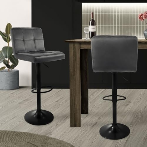 ML-Design Barhocker 2er Set, Bezug aus Samt, Grau, Gepolsterter Barstuhl mit Rückenlehne und Fußstütze, Tresenhocker höhenverstellbar 63-83cm, 360° drehbar, Bistrohocker Hocker Drehstuhl Barstühle