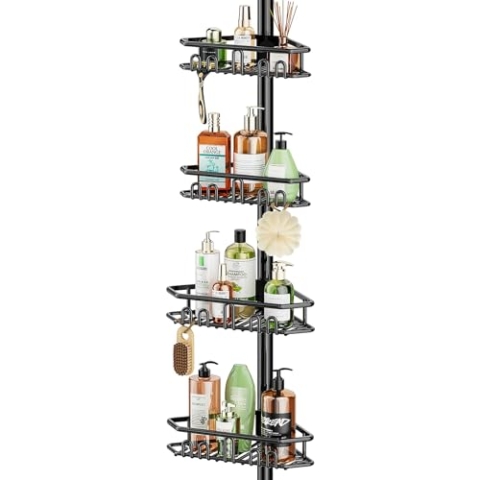 Bomclap Teleskop Duschregal, Metall Teleskopstange Dusche Eckregal mit 4 Körben, Teleskopregal Bad Duschablage ohne Bohren für Badewanne und Badezimmer, Höhenverstellbar 157-290cm, Schwarz