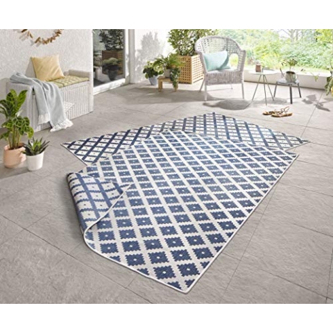 NORTHRUGS In- und Outdoor Teppich Nizza 160x230cm - Wendeteppich Wetterfest Modernes Geometrisches Muster für Balkon Terrasse Garten Wintergarten Küche Wohnzimmerteppich Wasserfest in Blau Creme