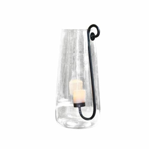 Loberon Windlicht Lamark, Raffiniertes Design, Mundgeblasen, Kerzeneinsatz nach Innen & Außen Einhängbar, Wohn-Accessoire, Glas, Eisen, klar/schwarz