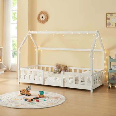 [en.casa] Kinderbett Sisimiut Hausbett 90 x 200 cm mit Rausfallschutz Holzbett für Kinder Bodenbett Lattenrost Kiefernholz Weiß matt