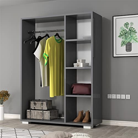 [en.casa] Kleiderschrank Nesbyen offener Garderobenschrank mit Kleiderstange und 4 Ablagen Anthrazit Kleiderständer für Jacken Schuhablage 126 x 90 x 30 cm