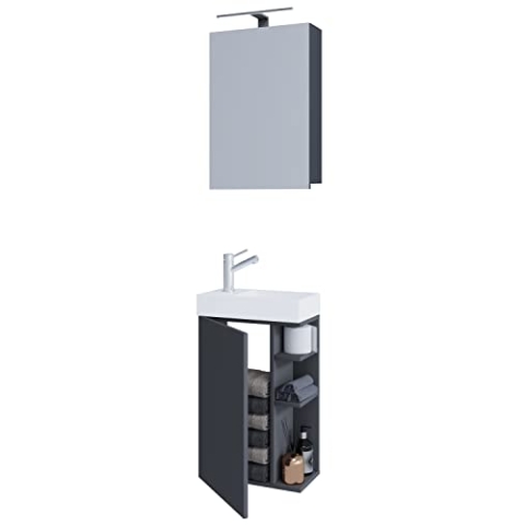 VCM 3-TLG Set | Waschplatz für Gäste WC | Gästebad | Waschtisch mit Spiegelschrank | Badezimmer Set – Lumia Anthrazit
