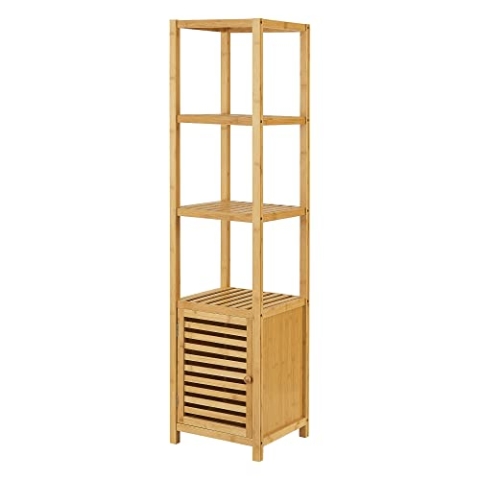 [en.casa] Bambusregal Liminka Regalschrank Badregal mit Schranktür 4 Ablagen 140 x 34 x 33 cm Standregal Natur