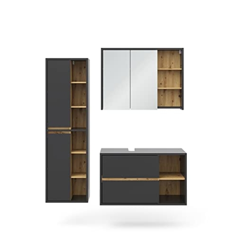 Vicco Badmöbel-Set Viola, Badezimmerschrank-Set, Anthrazit/Eiche, 3 Teile
