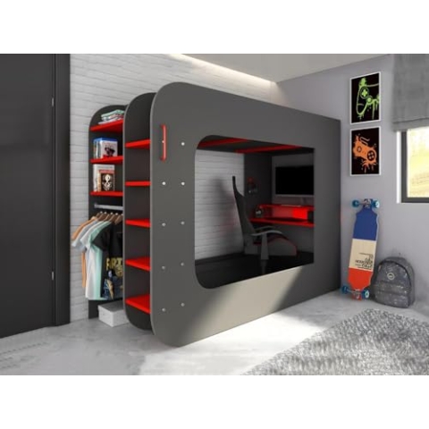 Vente-unique-Hochbett mit Gaming-Schreibtisch & Stauraum + LEDs - 90 x 200 cm - Anthrazit & Rot - Warrior