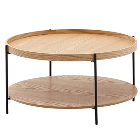 Wohnling Couchtisch 78x78x40 cm Sofatisch Holz/Metall Wohnzimmertisch Eiche, Design Stubentisch Modern Rund mit Ablage, Holztisch Kaffeetisch, Tisch Wohnzimmer