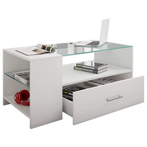 VCM Holz Couchtisch mit ESG-Sicherheitsglas | Sofatisch mit ausreichend Stauraum | Maße ca. H. 45 x B. 100 x T. 50 cm | Wohnzimmertisch mit Schublade - Tindala Weiß