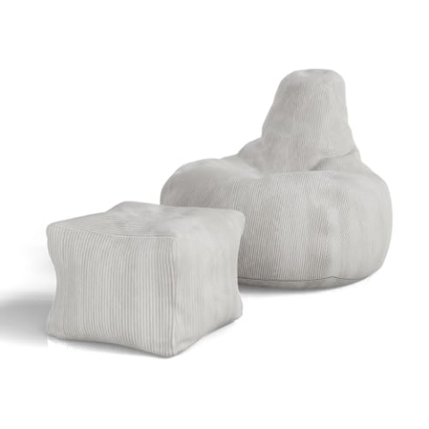 Juskys Sitzsack Chillex L mit Hocker - Cord Sessel für Erwachsene - Füllung Memoryschaumstoff - Gaming & Lesesessel bequem - Bean Bag - Beige