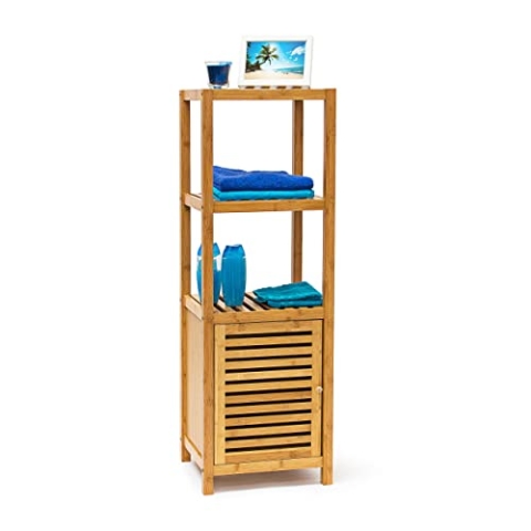 Relaxdays Badregal Bambus mit 4 Ablageflächen HxBxT 110x36,5x33 cm praktisches Holzregal mit mehreren Ebenen und Schrankteil mit magnetischem Verschluss mit Stauraum für Bad und Wohnzimmer, natur