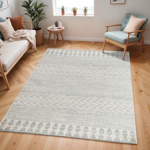 Livabliss Oslo Teppich Wohnzimmer Boho, großer Teppich Schlafzimmer 120x170 cm - Teppich für Esszimmer mit geometrischem Muster, Skandinavischer Wohnzimmerteppich modern in Weiß und Grau