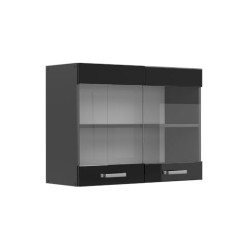 Vicco Küchenglasschrank R-Line, Glashängeschrank, Schwarz Hochglanz/Anthrazit, 80 cm
