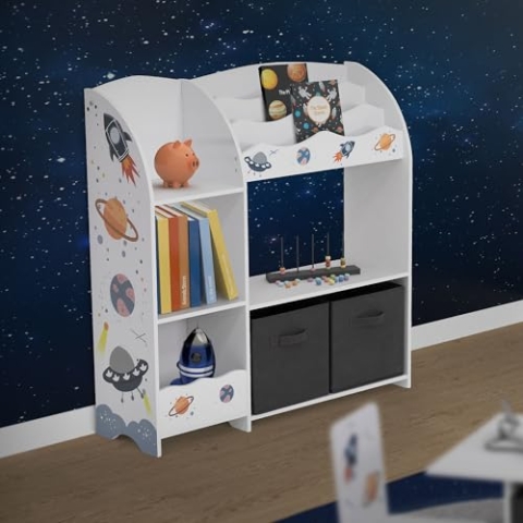 Joyz Kinderregal, Weltraum-Motiv, 93x30x98 cm, Weiß, Spielzeugregal mit 8 Ablagefächern und 2 abnehmbaren Stoffboxen, Kinder-Bücherregal Holz, Kinderzimmerregal Aufbewahrungsregal Spielzeug Organizer