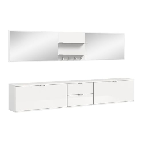 xonox.home Systemmöbel Projekt X 6tlg. Kombination Garderobe Ankleidezimmer Schranklösung Büro Ordnungssystem in Front weiß Hochglanz/Spiegel Korpus weiß Nb., ca.236x191x37 cm