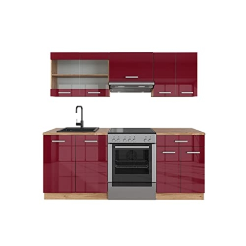 Vicco Küchenzeile R-Line, Bordeaux Hochglanz/Eiche Gold, 200 cm ohne Arbeitsplatte