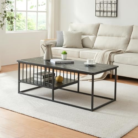 [en.casa] Couchtisch Raukurg Sofatisch mit einem Ablagefach Wohnzimmer 120 x 60 x 44 cm rechteckig Metallgestell Marmoroptik, schwarz