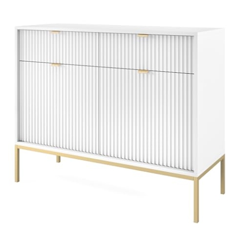 Selsey VELLORE - Kommode 2-türig mit 2 Schubladen, Weiß mit geriffelten Fronten und goldenen Metallbeinen, 104 cm