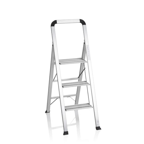 hjh OFFICE 801104 Klappleiter mit 3 Stufen SOLID V Aluminium Trittleiter mit Sicherheitsbügel, bis 150kg belastbar, klappbar
